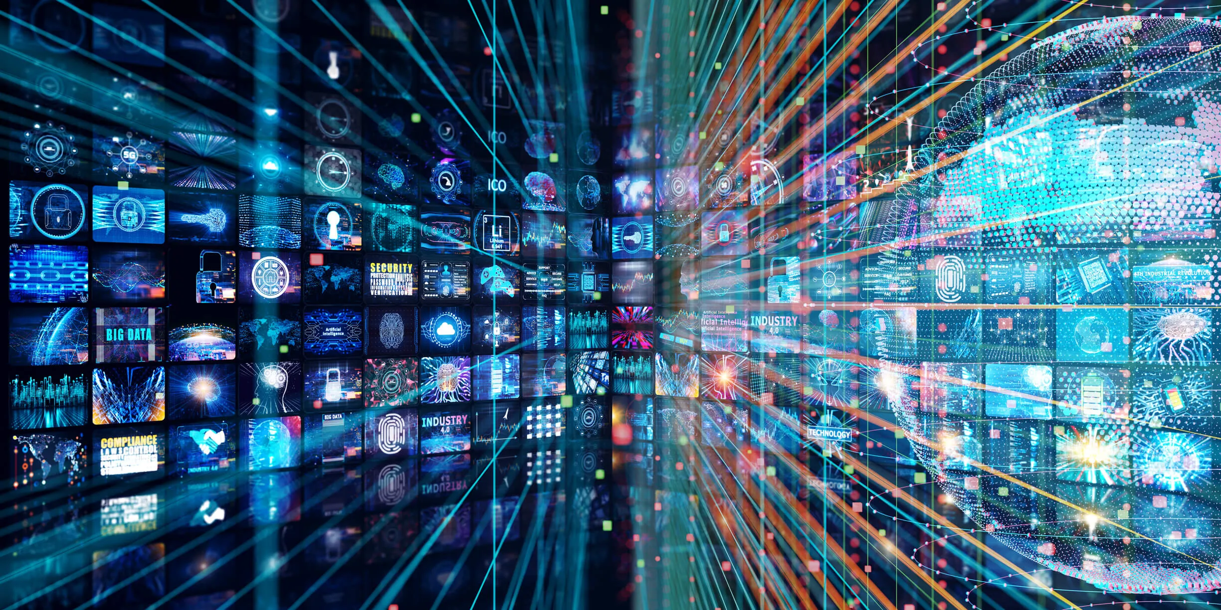 Futuristic digital wall with multiple screens displaying data, security icons, AI, cloud computing, and industry 4.0 concepts with a glowing globe on the right connected by light streams representing global technology and data networks.