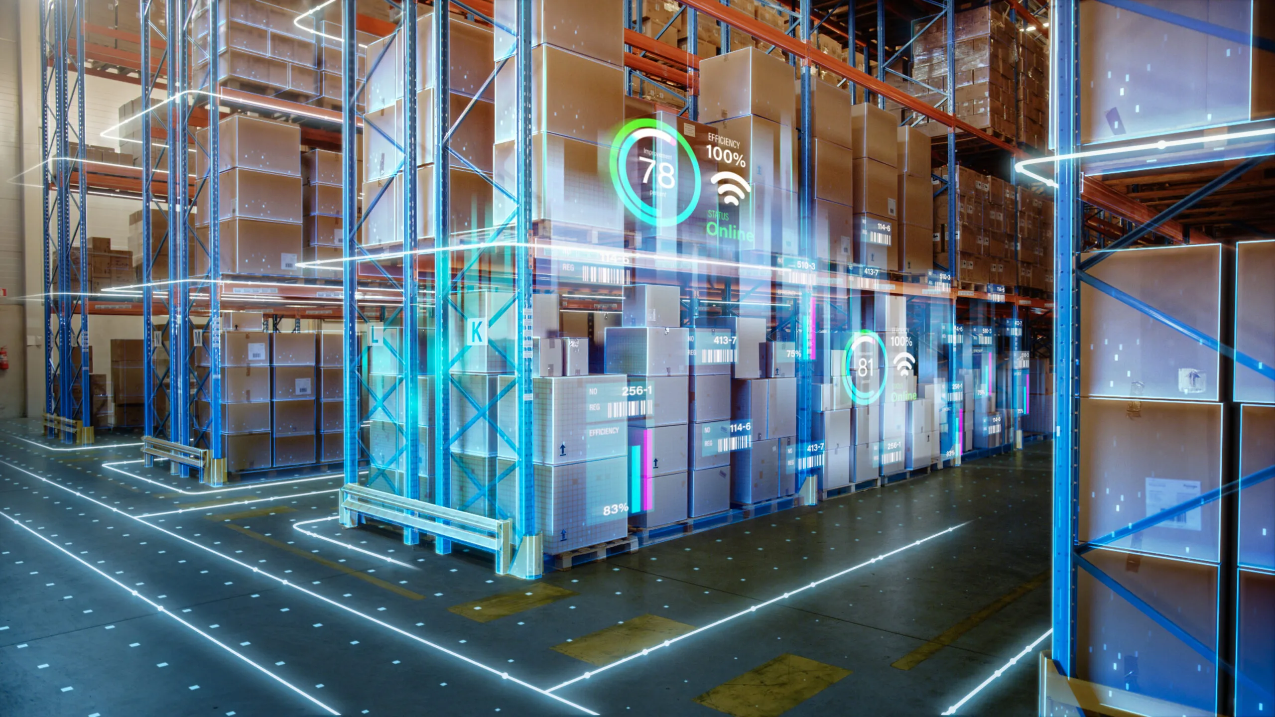 Warehouse storage area with tall blue racks filled with stacked cardboard boxes on pallets, overlaid with digital interface graphics showing efficiency metrics, barcode labels, and online status indicators, suggesting advanced inventory management and tracking technology.