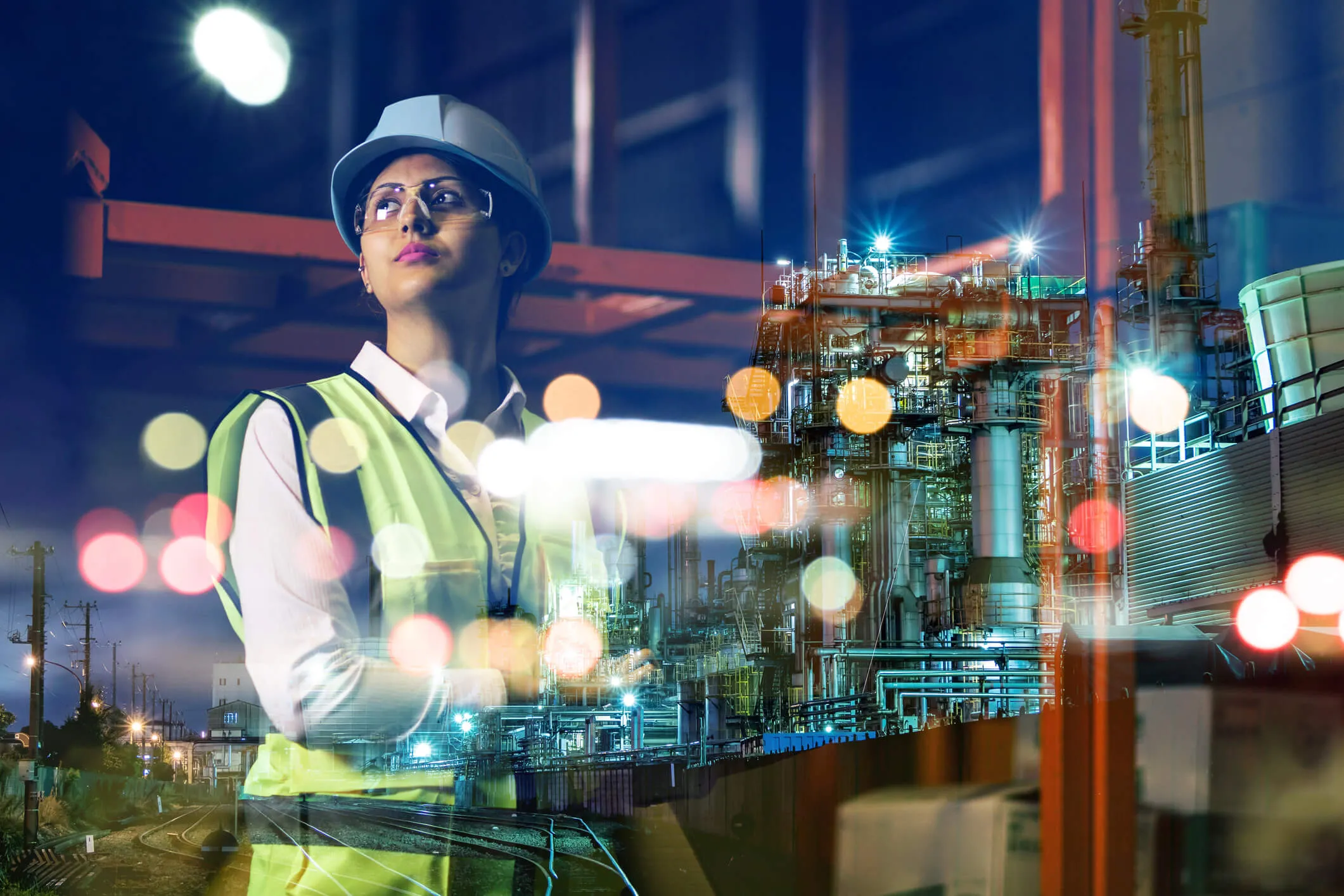 Female industrial engineer wearing a white hard hat, safety glasses, and a yellow reflective vest, standing with arms crossed, superimposed over a brightly lit industrial refinery plant at night with bokeh lights.