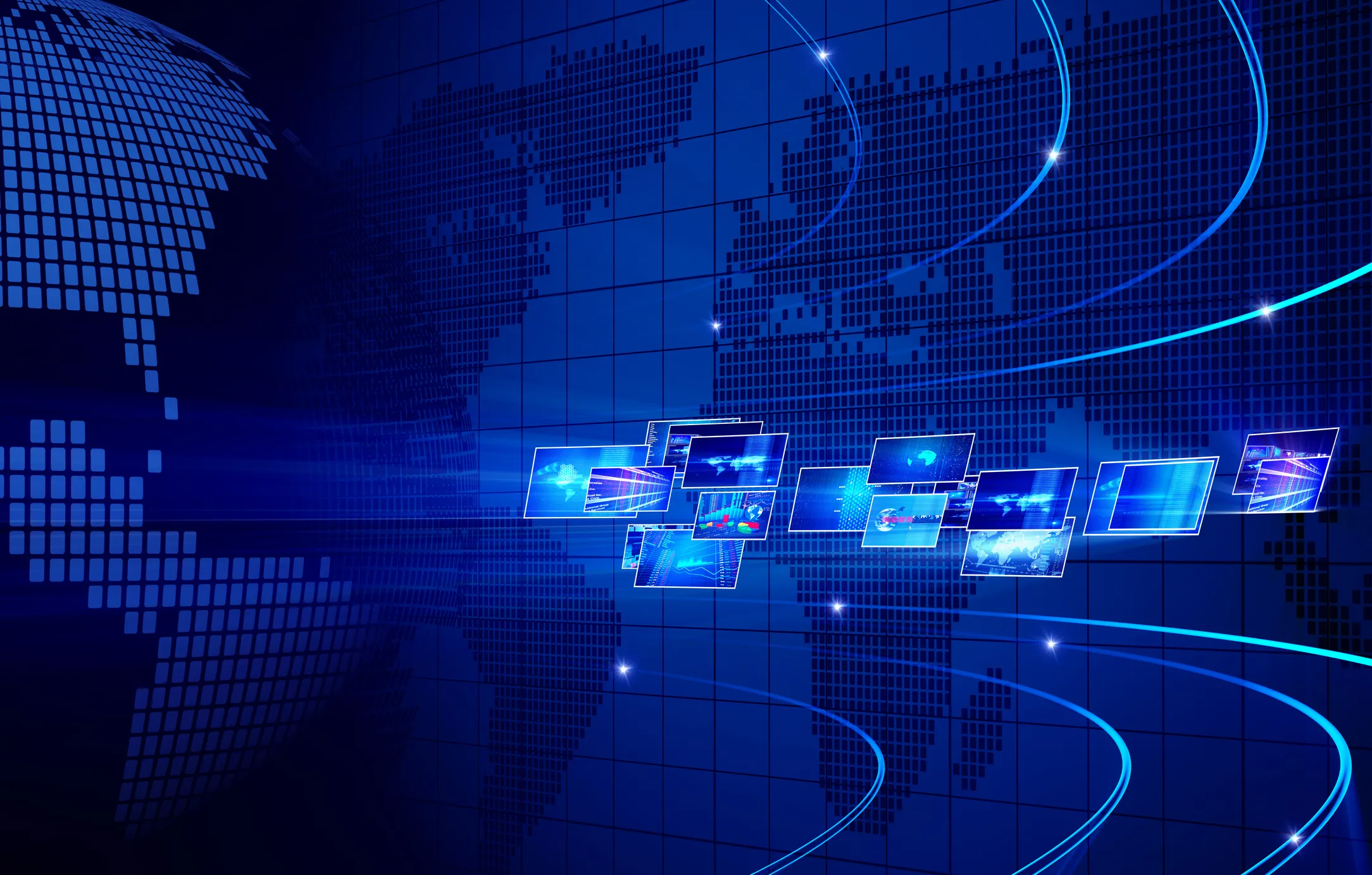 Digital blue grid background with a pixelated world map and floating translucent screens showing various data and charts, connected by glowing blue curved lines.