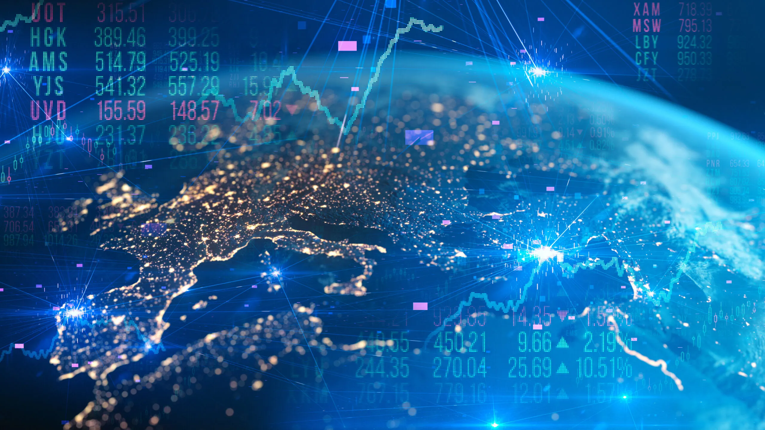 Digital globe showing illuminated continents with overlaid stock market tickers, numerical data, and graphs in blue and pink hues representing global finance technology.