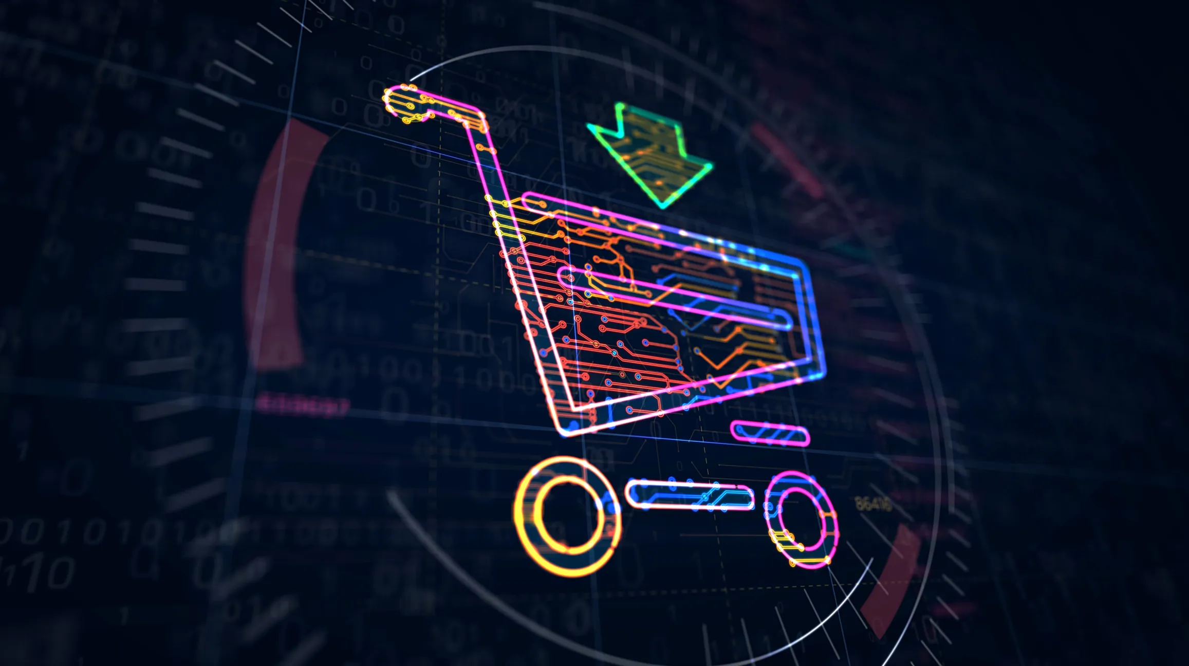 Neon-style digital shopping cart icon with circuit board pattern and a downward arrow above it on a dark background with binary code and circular dials.