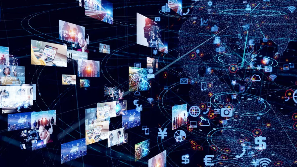 Digital world map with interconnected icons representing technology, finance, communication, and data sharing, surrounded by floating translucent screens showing diverse people and digital interfaces.