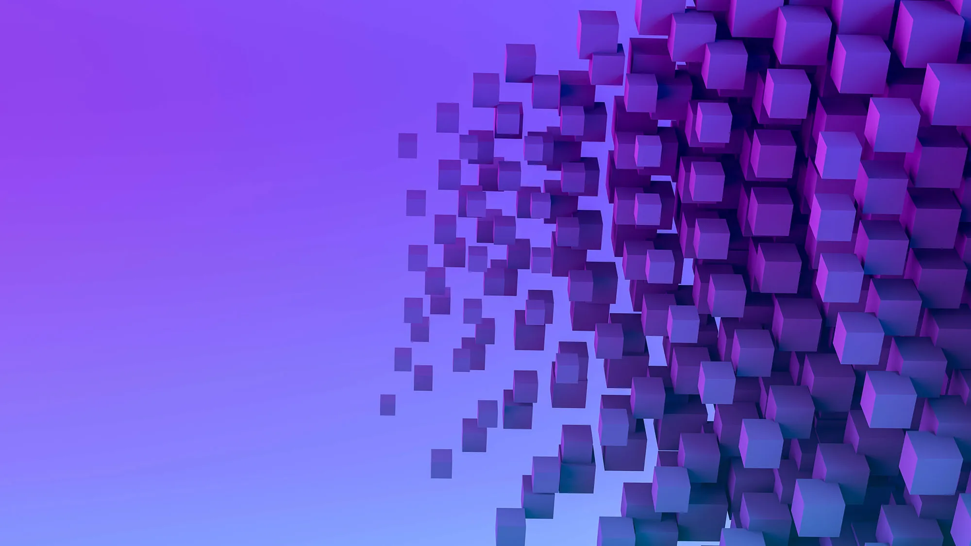 Cluster of purple and blue 3D cubes densely packed on the right side dissolving and dispersing into smaller cubes toward the left against a gradient purple and blue background.