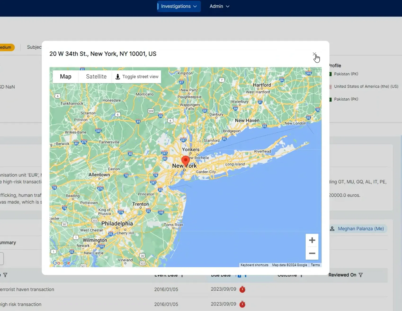 Google Maps view centered on New York City with a red location pin at 20 W 34th St, New York, NY 10001, US, showing surrounding areas including Philadelphia, Allentown, Yonkers, and Long Island.