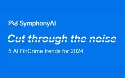 SymphonyAI logo with text 'Cut through the noise' and subtitle '5 AI FinCrime trends for 2024' on a blue background.
