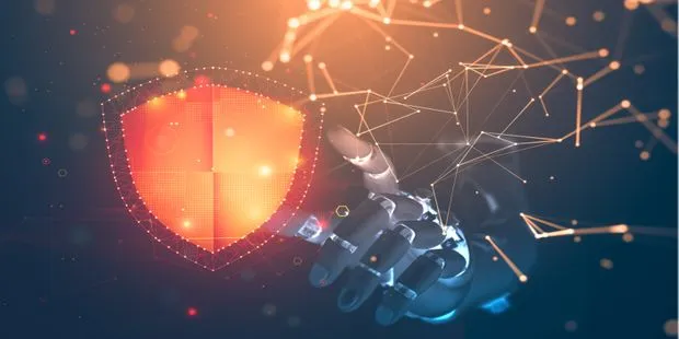 Robotic hand reaching towards a bright, digital shield symbol composed of glowing particles and lines, representing cyber security or digital protection.