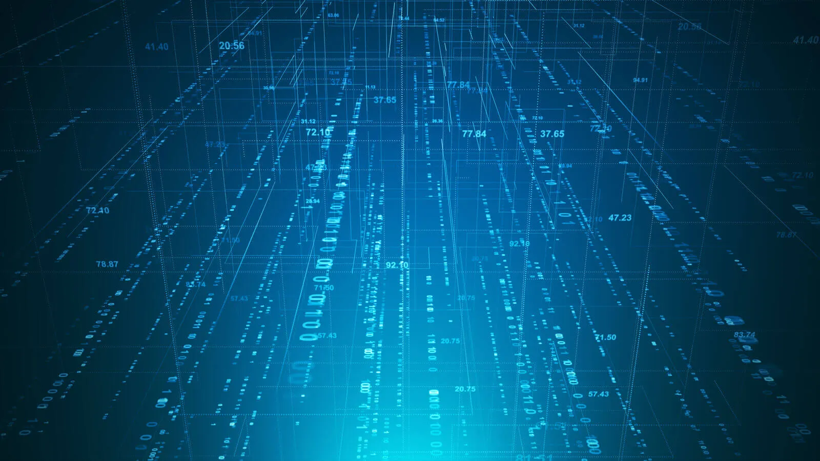 3D digital grid with glowing blue lines and floating numerical data representing abstract technology or data analysis concept.