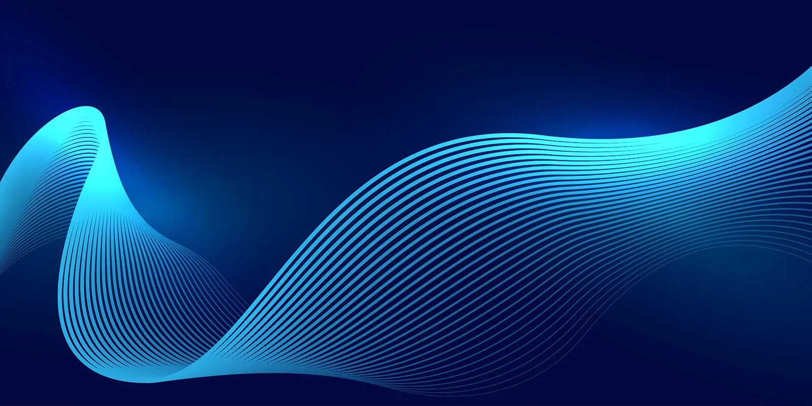 Blue abstract waves made of thin parallel lines on a dark blue gradient background.