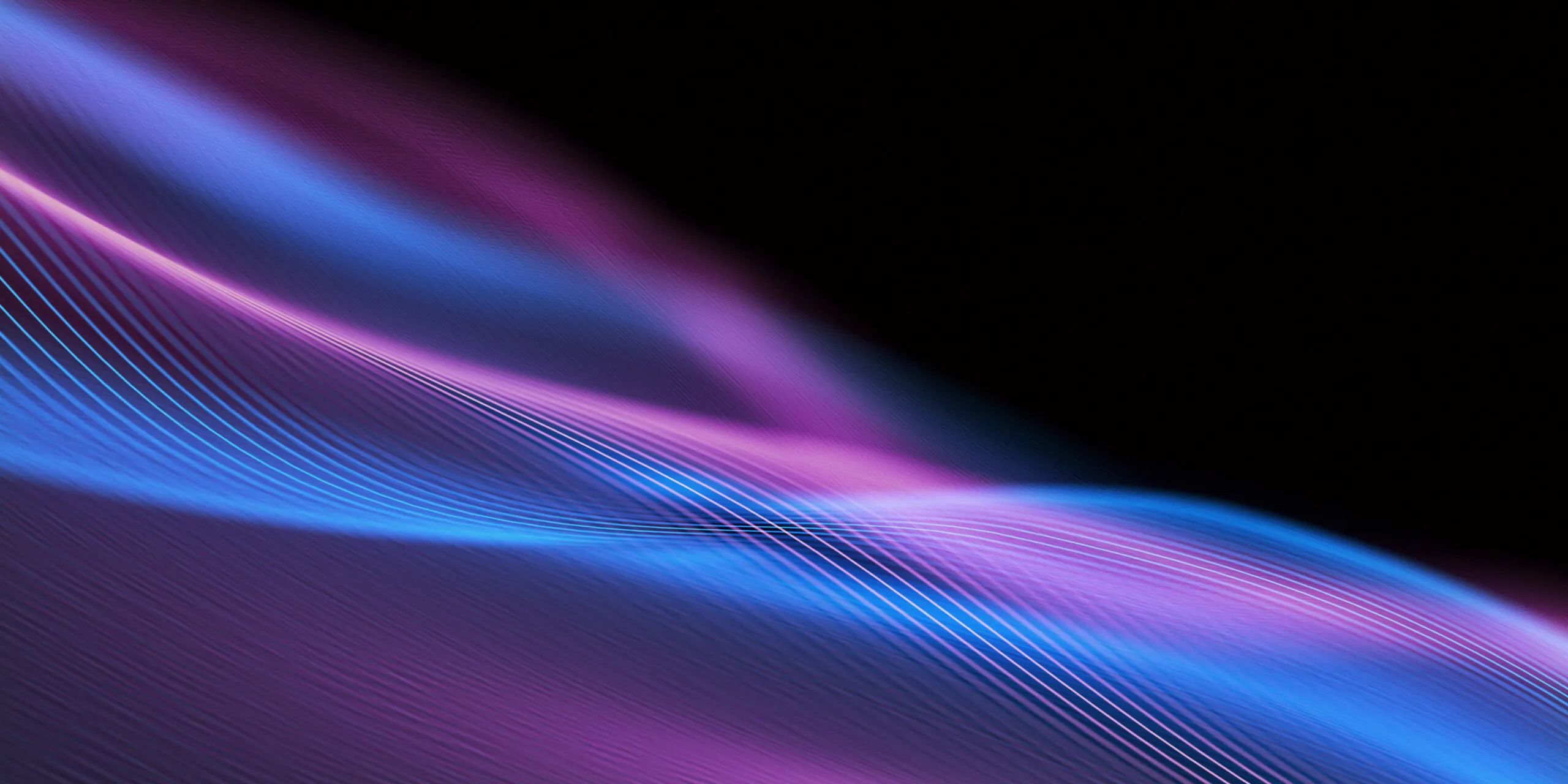 Abstract digital waves of purple and blue light flowing diagonally on a black background, creating a smooth, dynamic pattern.