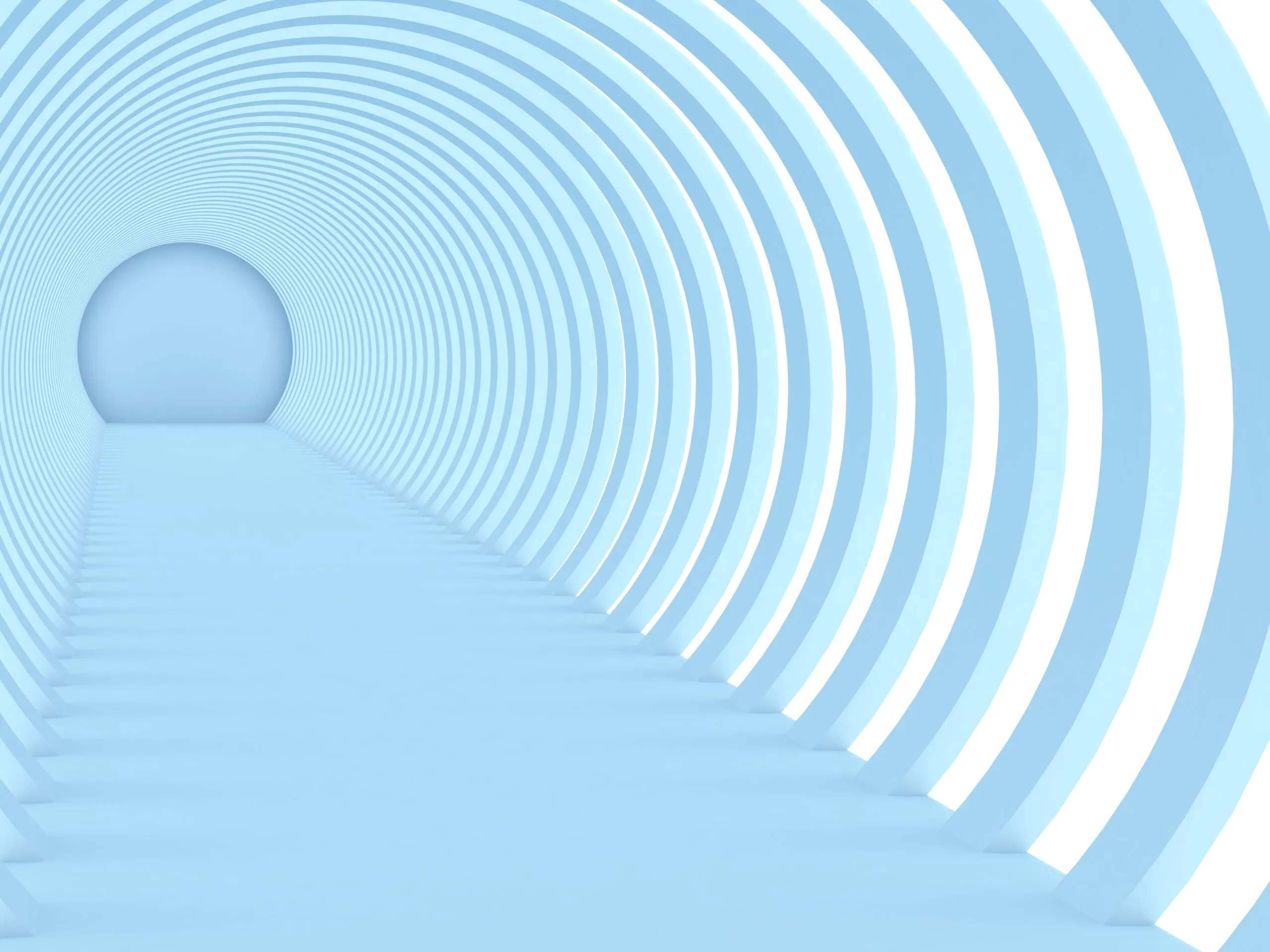 Interior of a futuristic, round tunnel with evenly spaced, glowing white rings along the walls, all in a soft blue tone.