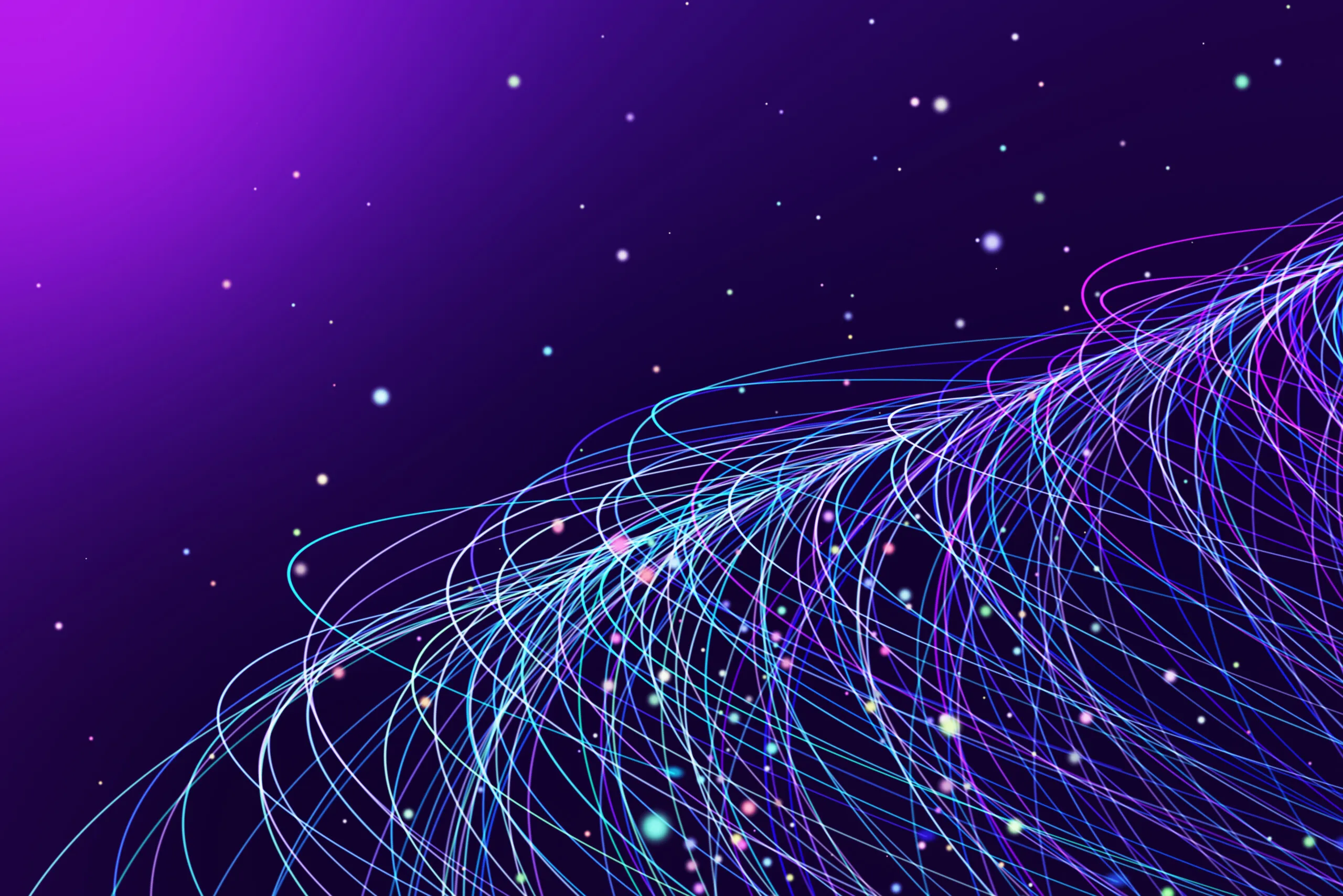 Abstract digital illustration of glowing intertwined blue and purple curved lines on a dark purple background with scattered small glowing particles resembling stars.