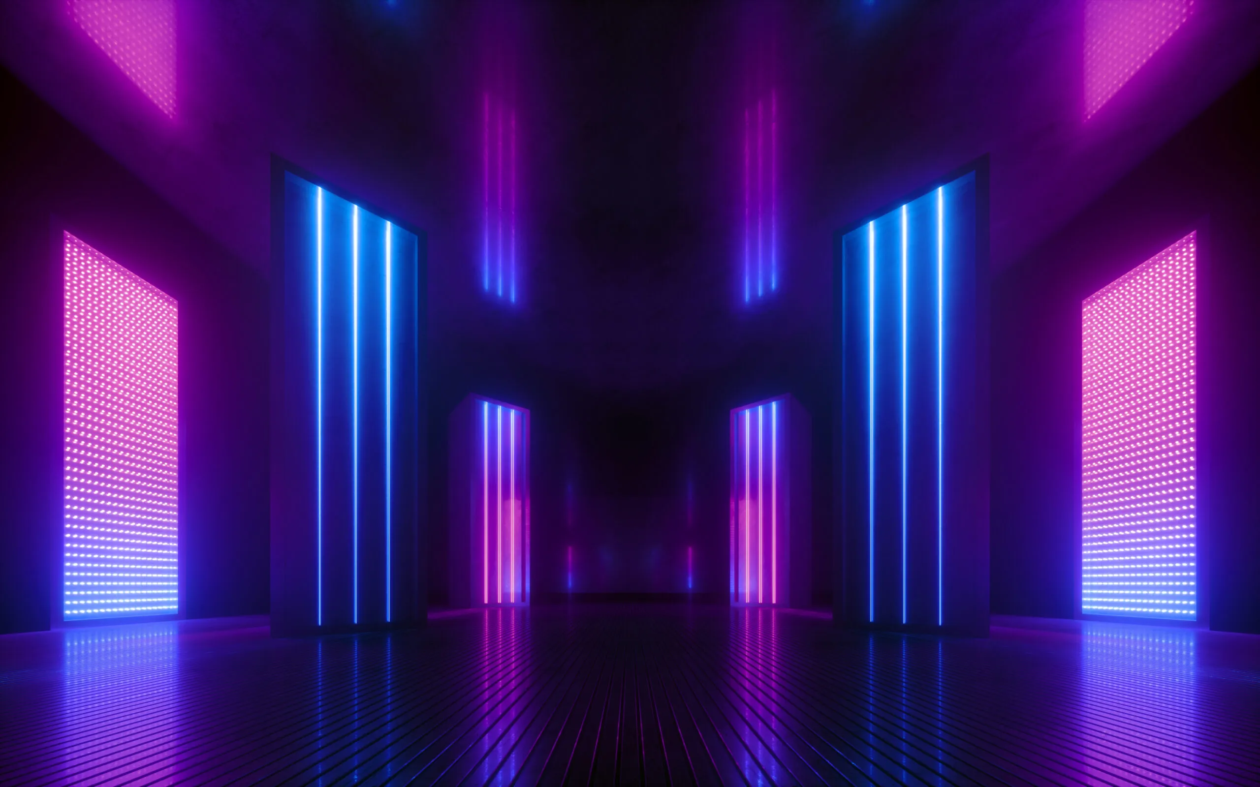 A futuristic room with glowing vertical neon light panels in blue and pink, reflected on a shiny dark floor, against a dark background.