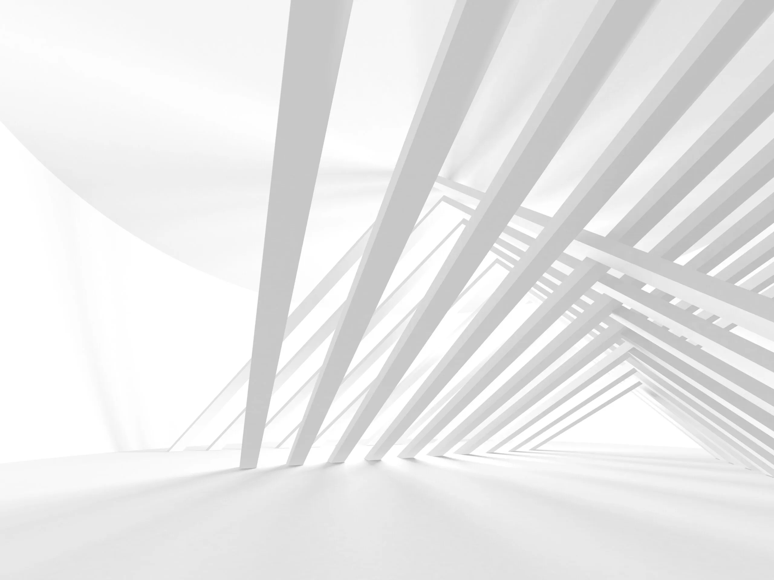 Abstract white architectural structure with diagonal beams creating triangular patterns and soft shadows on a smooth floor.