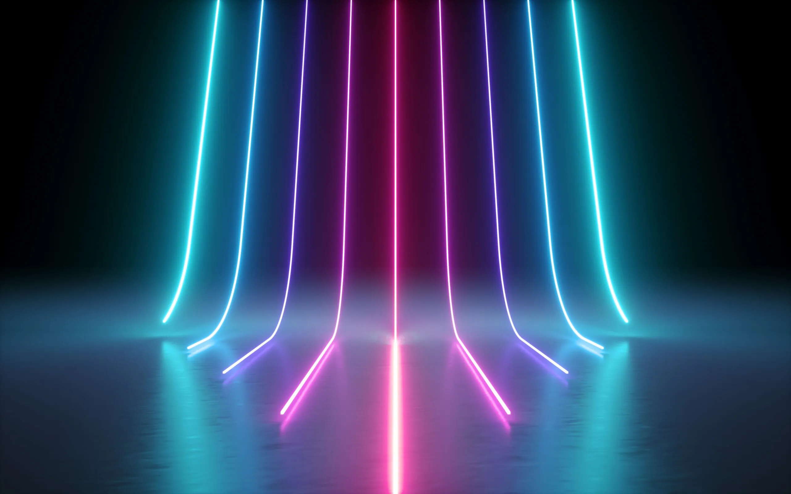 Vertical neon light beams in blue, purple, and pink colors reflected on a shiny dark surface against a black background.