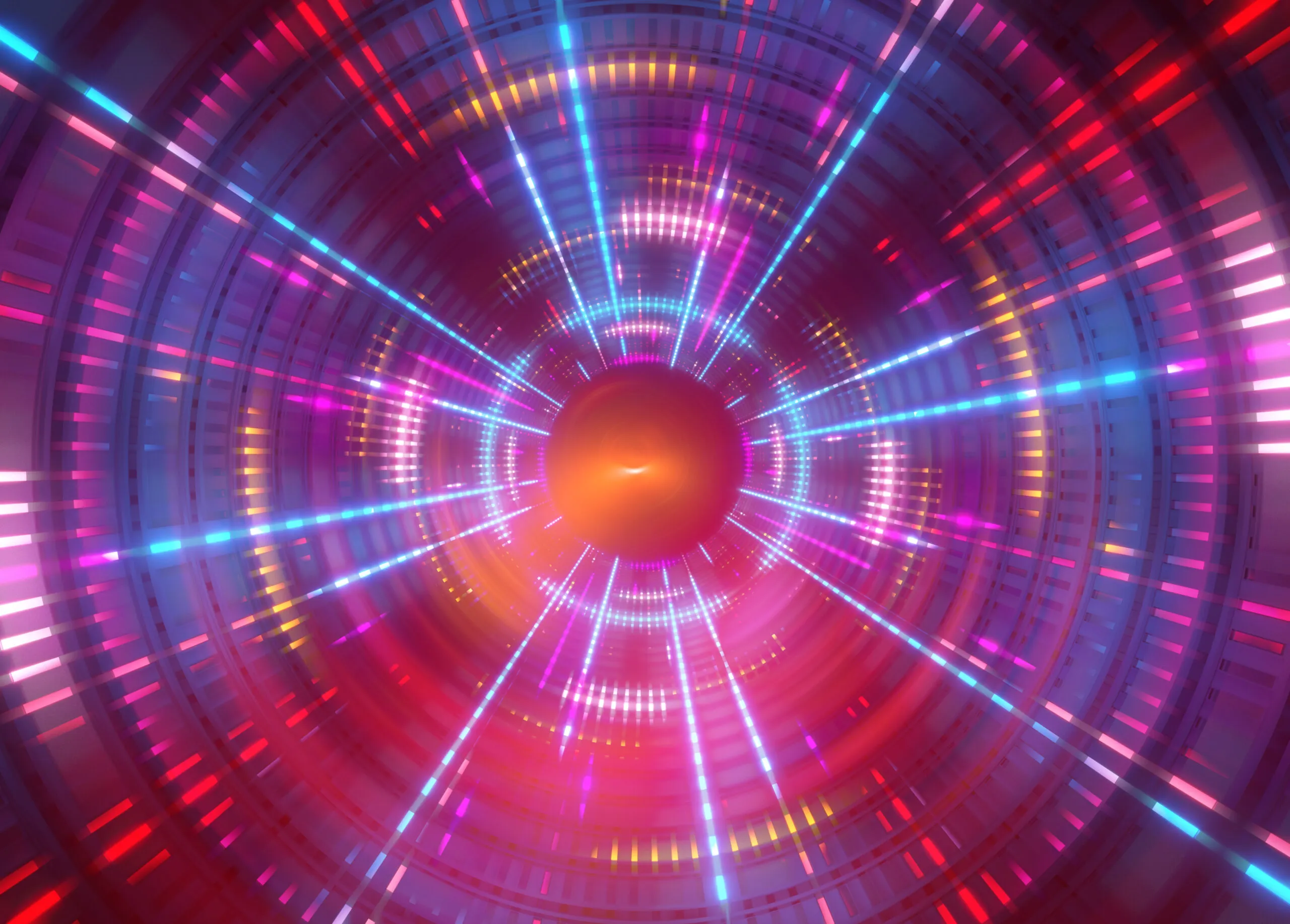 Colorful digital tunnel with concentric rings and radial lines in shades of pink, red, orange, blue, and purple, creating a glowing abstract futuristic effect.