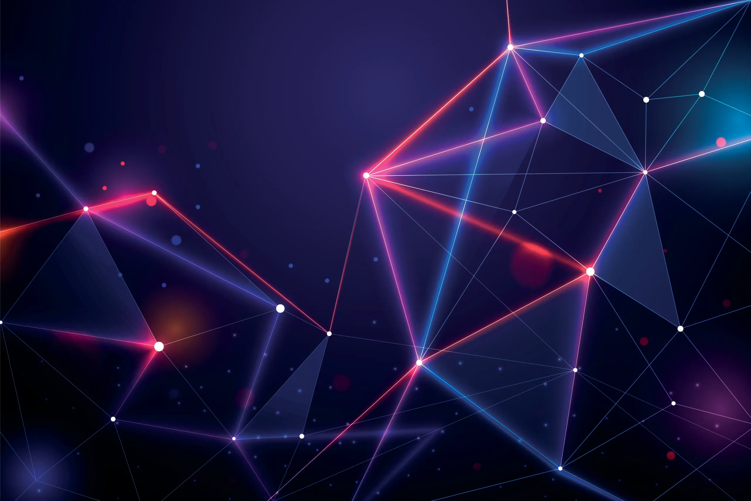 Abstract digital network of interconnected glowing nodes and lines in blue and pink hues on a dark background.