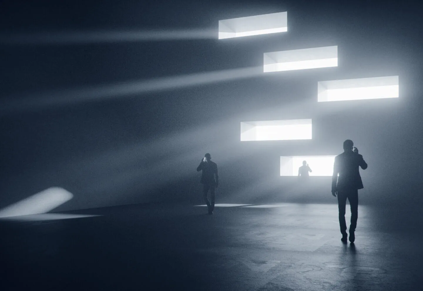 Three silhouetted men in suits talking on phones inside a dark, large space with five rectangular windows emitting bright light beams through fog or smoke.