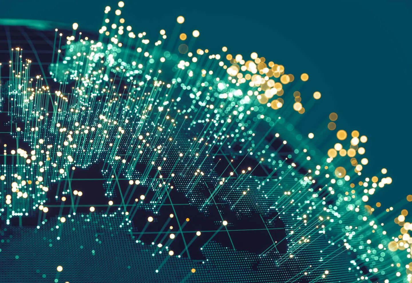 Abstract digital globe with glowing data points and vertical lines representing data flow or network connections, mostly in teal and golden yellow colors on a dark background.