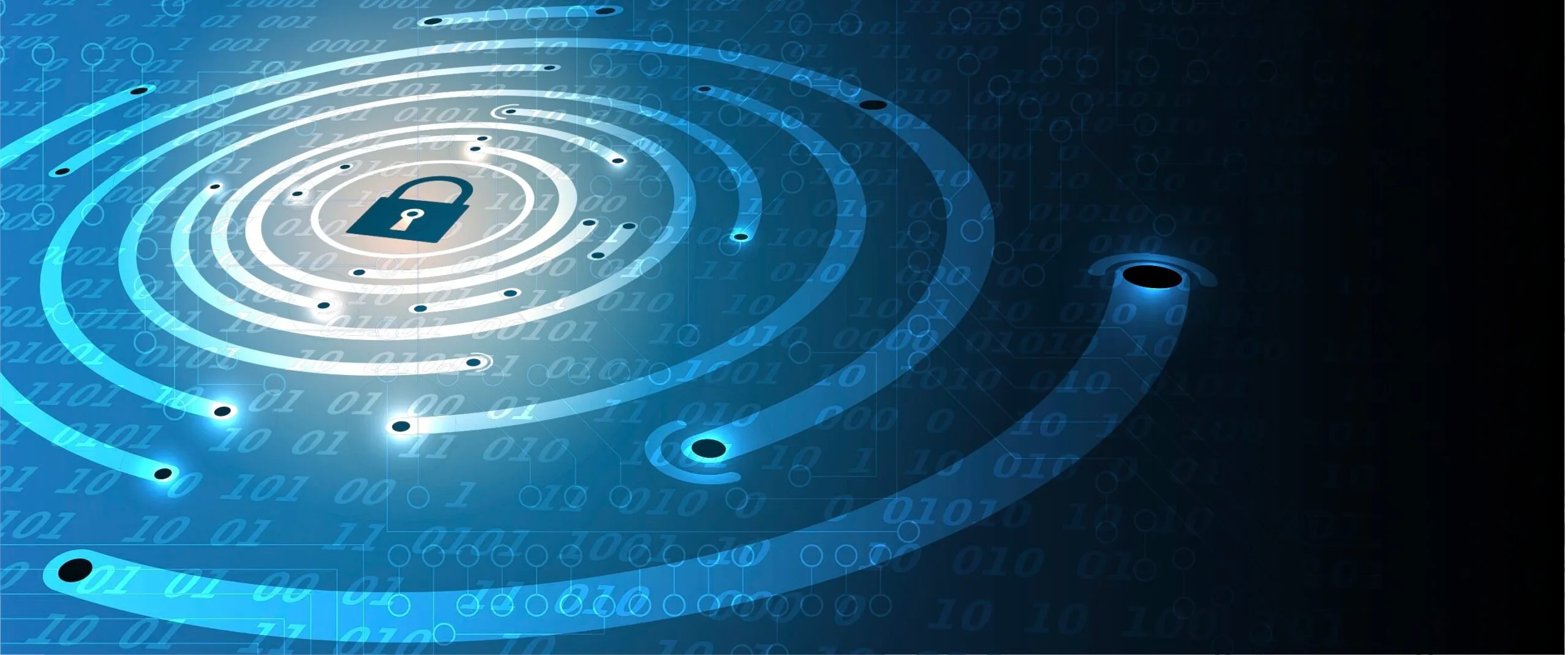 Digital illustration of a blue spiral with glowing nodes centered around a padlock icon, symbolizing cybersecurity and data protection against a dark background filled with binary code.