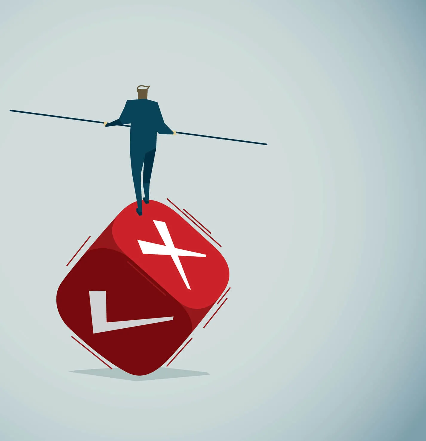 Illustration of a person balancing on a rolling red cube with white check and cross symbols, holding a balancing pole.