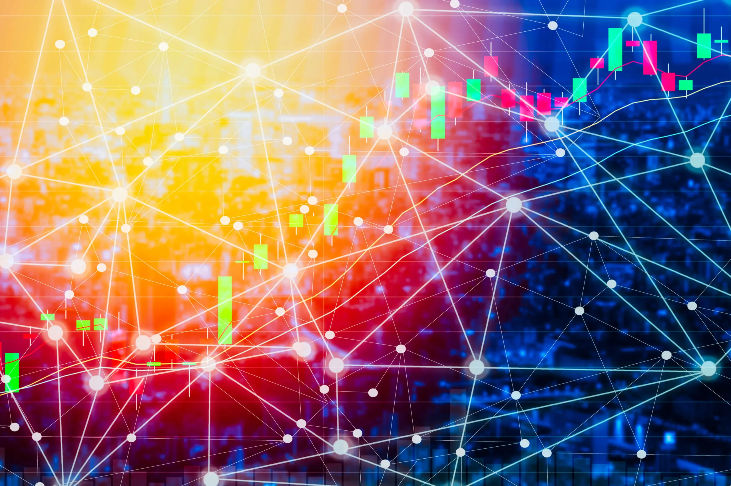 Abstract digital network with white interconnected dots overlaying colorful financial candlestick chart on blurred cityscape background.