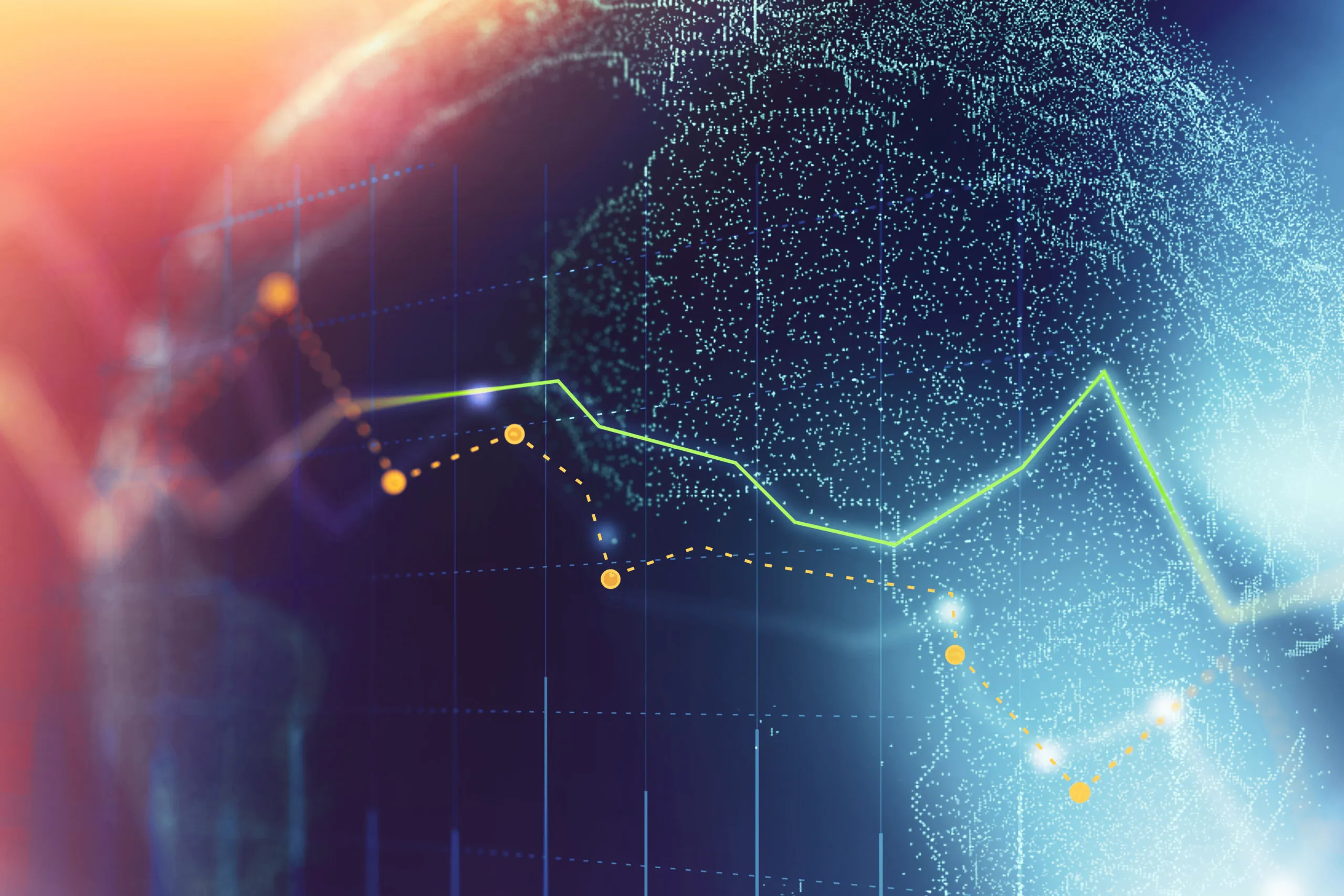 Digital abstract graph with two fluctuating lines, one solid green and one dashed orange with circular markers, over a dark blue background with light blue dots forming a globe shape and a glowing light effect in the top left corner.