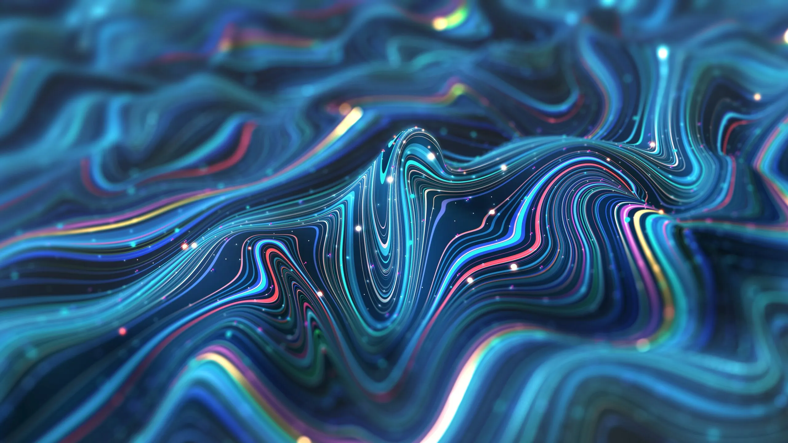 Abstract 3D digital art featuring vibrant, wavy lines in blues, purples, and pinks forming a dynamic, flowing landscape with glowing particles scattered throughout.