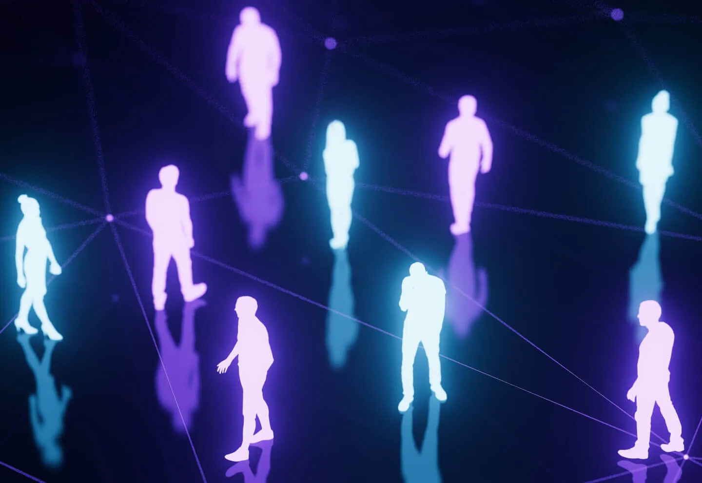 Glowing digital silhouettes of people connected by light lines on a dark background, representing a network or connected community.