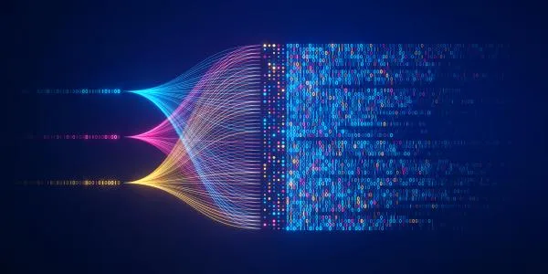 Abstract digital visualization showing streams of colorful data lines converging from the left into a dense block of multicolored binary code on a dark blue background.