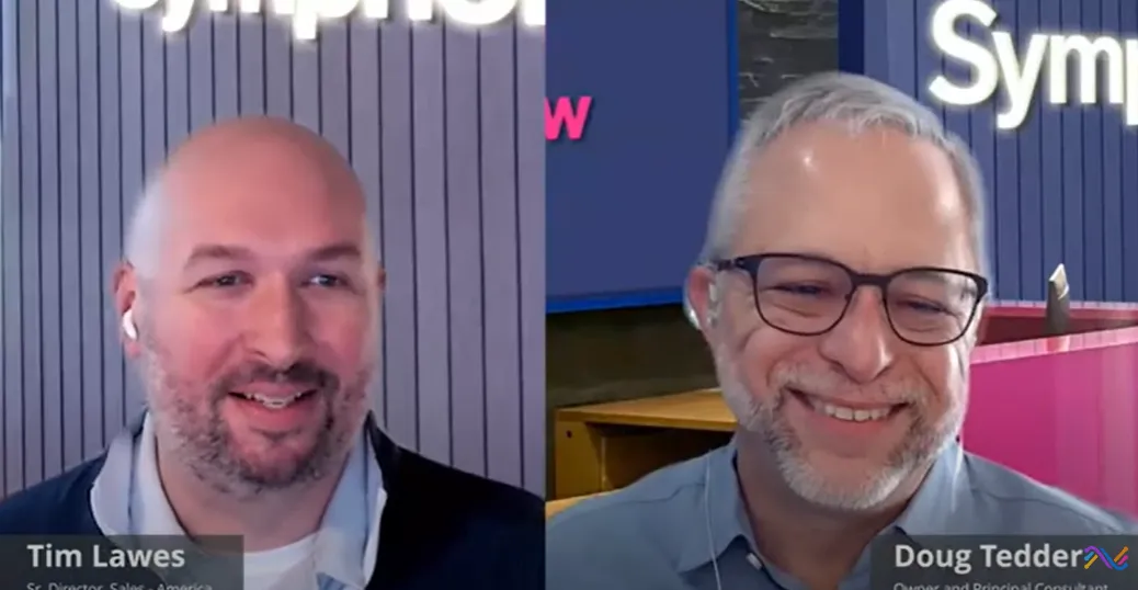 Two men smiling during a video call; the man on the left is bald with a beard, while the man on the right has gray hair, glasses, and a beard, with the names Tim Lawes and Doug Tedder displayed at the bottom of their images.