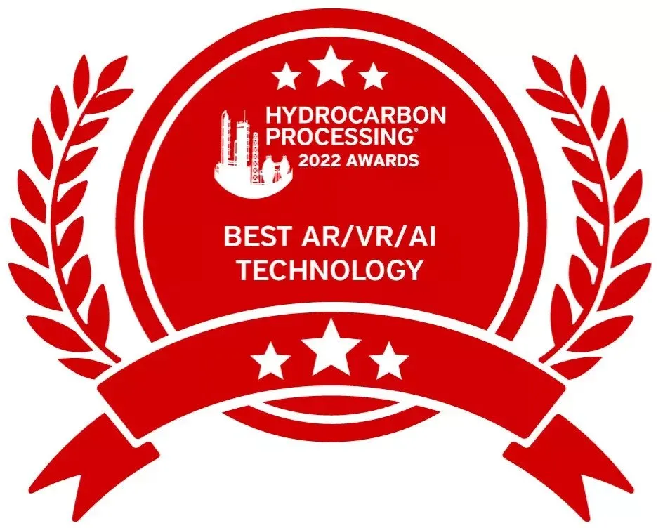 Red award badge with laurel branches on each side, stars on top and bottom, featuring the text 'Hydrocarbon Processing 2022 Awards Best AR/VR/AI Technology' with a small industrial plant icon.