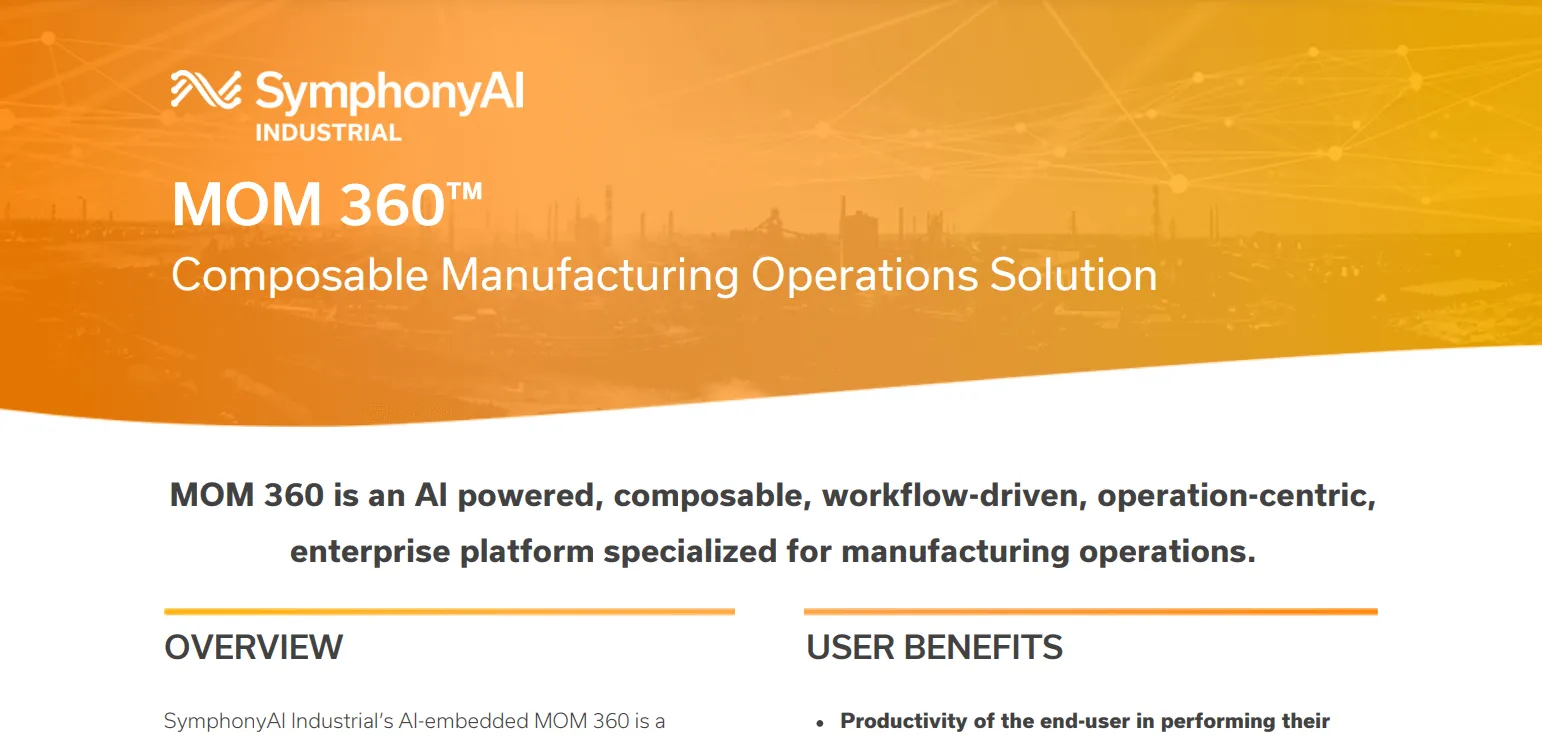 SymphonyAI Industrial MOM 360 composable manufacturing operations solution with a description stating it is an AI-powered, composable, workflow-driven, operation-centric enterprise platform specialized for manufacturing operations.
