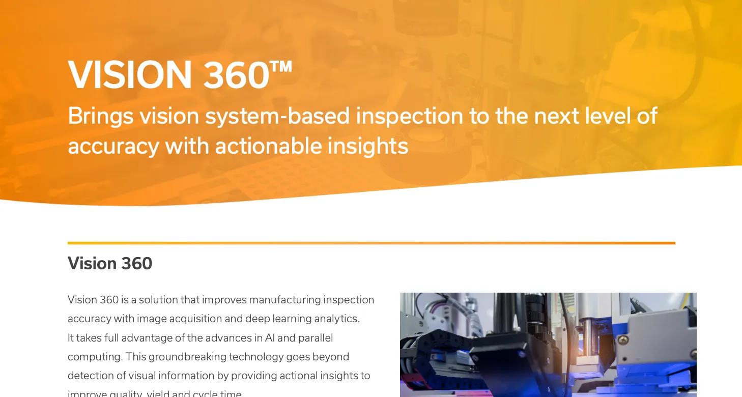 Vision 360™ headline stating it brings vision system-based inspection to the next level of accuracy with actionable insights, above text describing Vision 360 as a manufacturing inspection solution using AI and deep learning analytics.