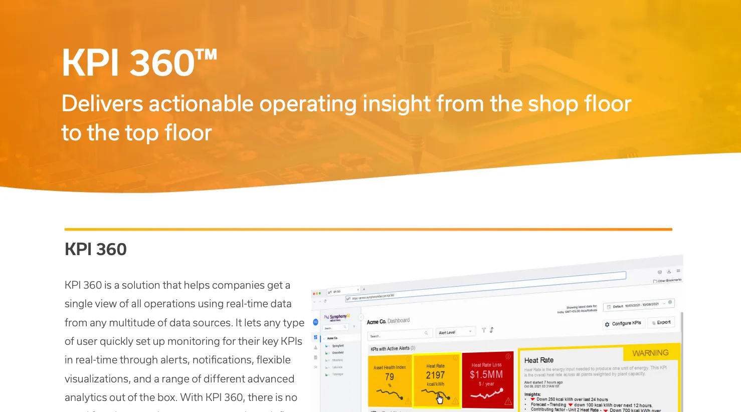 Brochure banner with orange gradient background showing the text 'KPI 360™ Delivers actionable operating insight from the shop floor to the top floor.' Below is partially visible text describing KPI 360 as a real-time operations monitoring solution and a partial screenshot of the KPI 360 software dashboard with alerts for asset health index, heat rate, and heat rate loss highlighted in yellow and red.