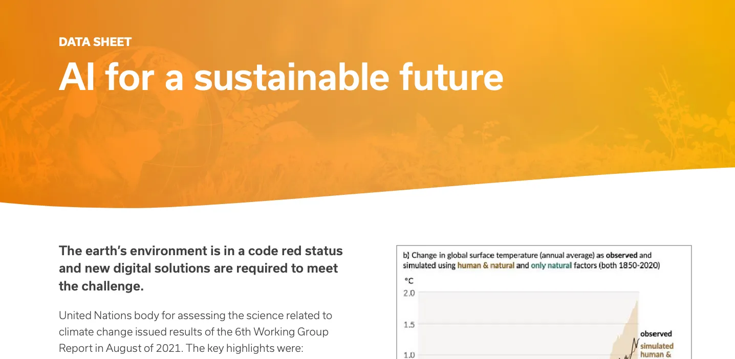 Data sheet titled 'AI for a sustainable future' with text stating Earth's environment is in code red status requiring new digital solutions, referencing the UN's 6th Working Group Report from August 2021 on climate change science, alongside a partial graph showing change in global surface temperature from 1850 to 2020.