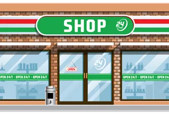 Front view of a convenience store with a green sign reading 'SHOP 24' above double glass doors, an 'OPEN' sign on the left door, and large windows on either side displaying 'OPEN 24/7' banners.