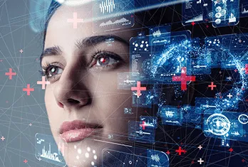 Close-up of a woman's face with digital futuristic graphics and data overlays, including red cross symbols and blue holographic elements, suggesting technology and innovation.
