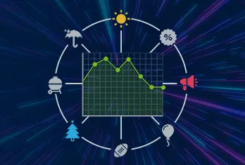 A line chart with green grid lines showing fluctuating data points connected by a green line on a dark background. A white circular frame surrounds the chart with various icons placed evenly around it, including a sun, percentage symbol, megaphone, balloon, football, pine tree, truck, and umbrella, against a dark blue and purple streaked backdrop.