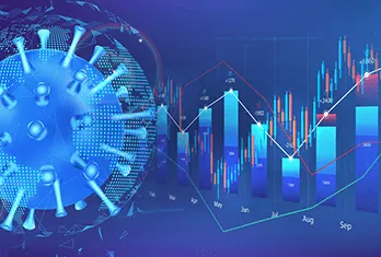 Blue digital coronavirus particle on the left with overlaid 3D bar and line graphs representing data trends from March to September against a dark blue background.