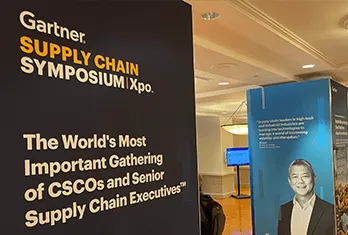 Banner at Gartner Supply Chain Symposium Xpo stating 'The World's Most Important Gathering of CSCOS and Senior Supply Chain Executives.'