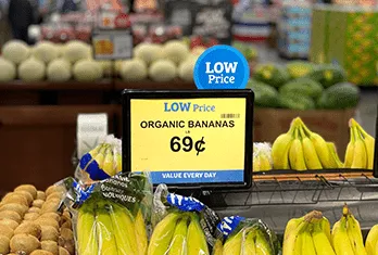 Organic bananas displayed in a grocery store with a bright yellow sign showing a low price of 69 cents each in the produce section.