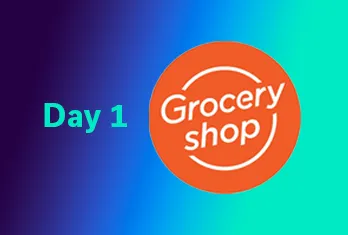Background gradient from dark blue to teal with text 'Day 1' in teal on the left and an orange circular logo with white text 'Grocery shop' on the right.