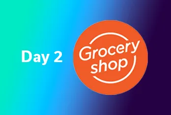 Graphic with a gradient background from blue to dark purple featuring the text 'Day 2' in white and an orange circle containing the words 'Grocery shop' in white.