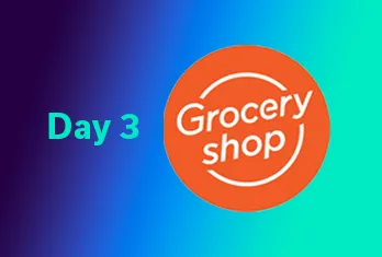 Orange circular logo with white text 'Grocery shop' on a blue to teal gradient background with the green text 'Day 3' to the left.