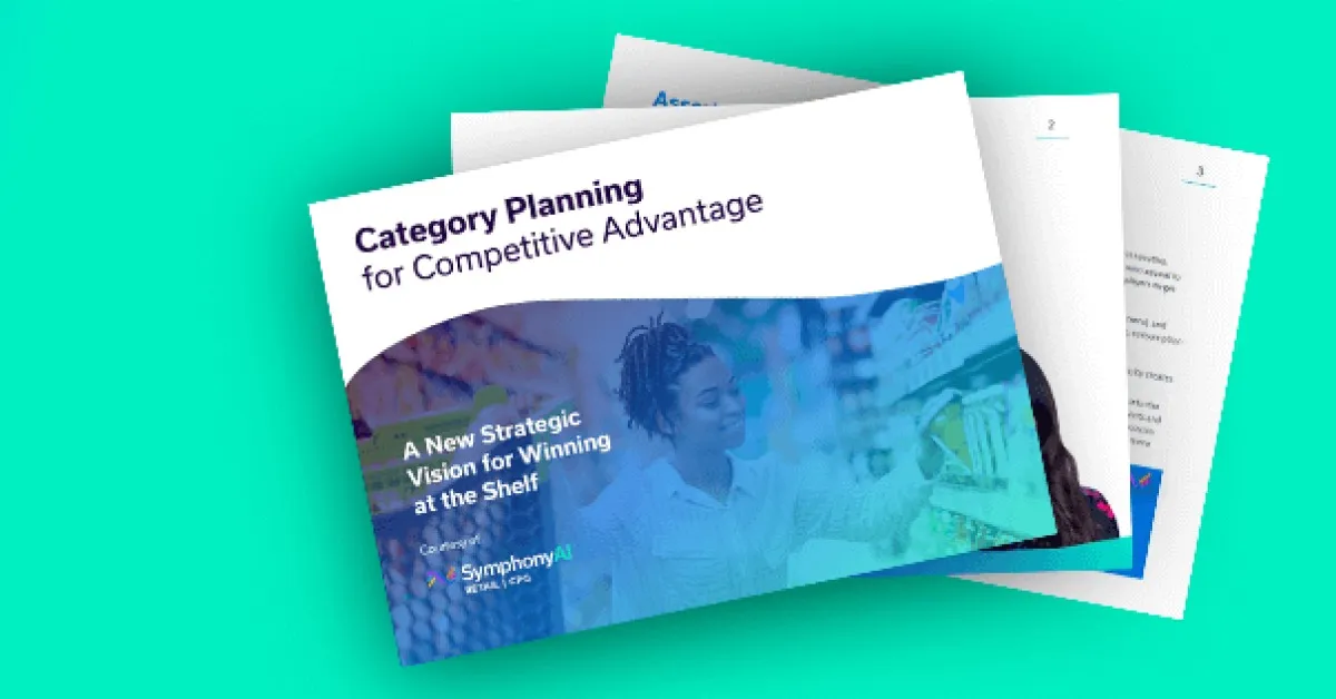 Cover of a digital document titled 'Category Planning for Competitive Advantage' showing a woman shopping in a grocery aisle, with the subtitle 'A New Strategic Vision for Winning at the Shelf' and a note indicating it is by SymphonyAI.