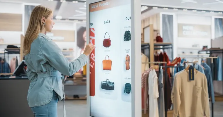 Woman using a large touchscreen digital kiosk in a clothing store to browse popular bags and outerwear.