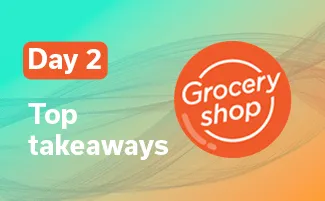 Graphic with text 'Day 2 Top takeaways' next to a round orange badge reading 'Grocery shop' on a gradient teal to orange background with wave patterns.