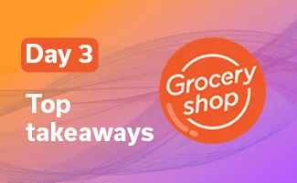 Graphic with text 'Day 3 Top takeaways' and an orange circular logo that says 'Grocery shop' on a gradient orange to purple background with subtle wave patterns.