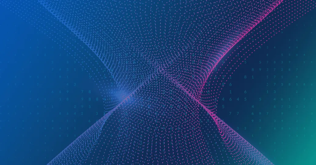 Abstract digital art of flowing particles forming intertwined wave-like shapes in purple and blue hues on a dark blue and green gradient background with scattered translucent numbers.